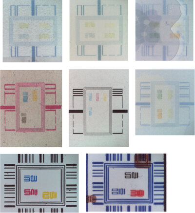 Abb. 2: Beispiele von Messelementen mit verschiedenen Störungen (v.l.o.n.r.u. Abschmieren von Druckfarbe, geringer Kontrast, Wasserzeichen im Papier, Zeitungs- und LWC-Papier mit Recyclinganteil, Folie mit optischem Aufheller, Flexodruckqualität mit stark verbreiterten Linien und Fehlstellen) Beispiele von Messelementen